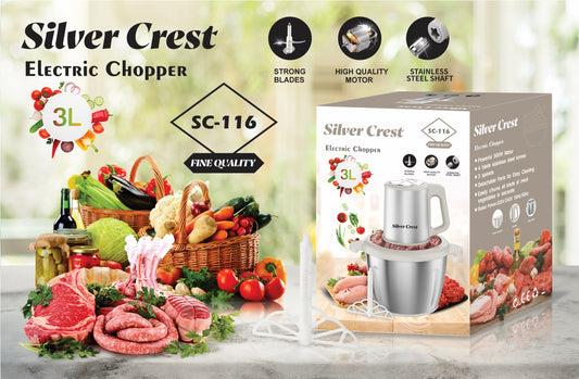 Electric Chopper SC-116 – 3L, 500W Motor, 4-Blade Stainless Steel | Meat & Vegetable Cutter | Elevé