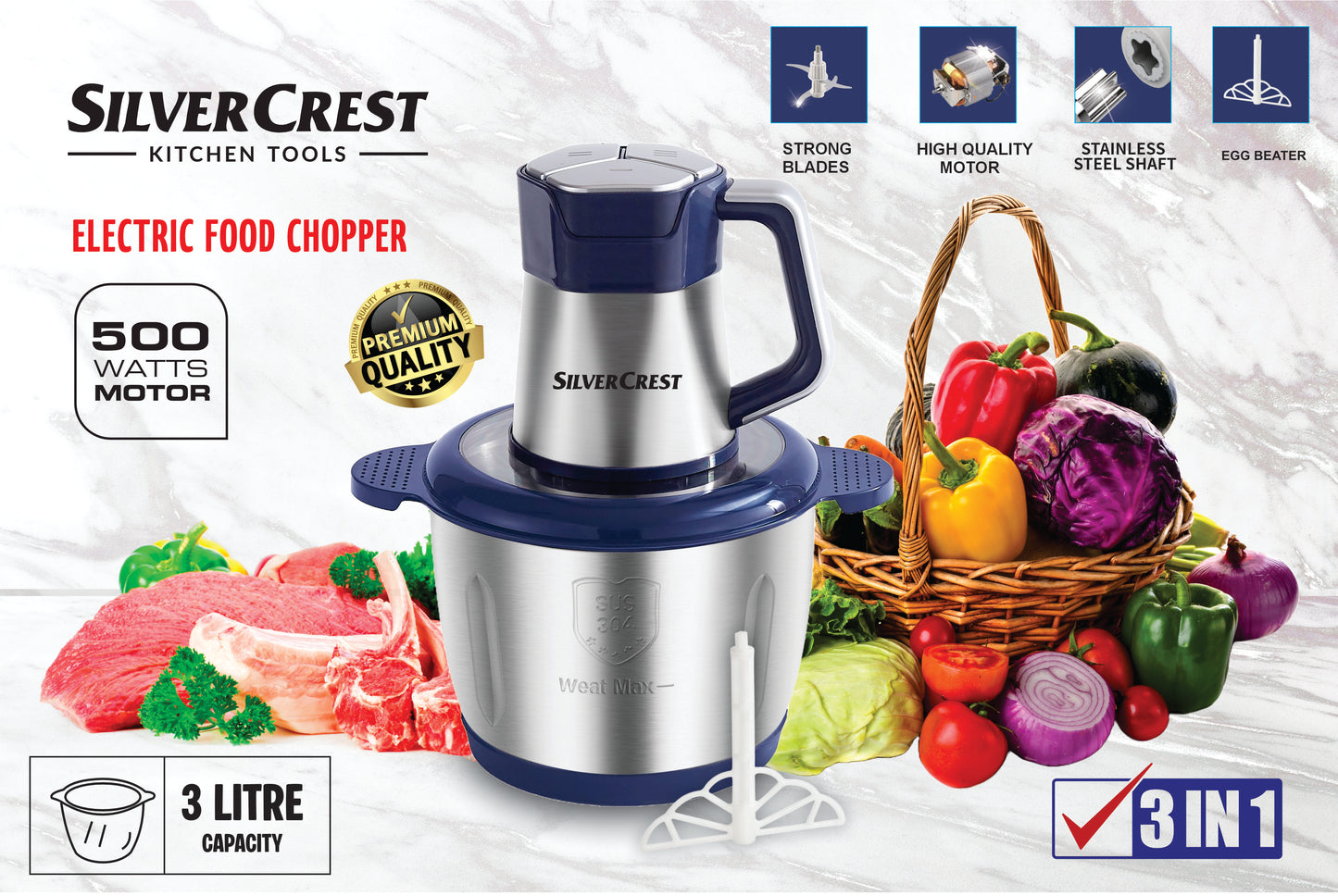 Electric Meat & Vegetables Chopper - 3L Stainless Steel Bowl| Elevé